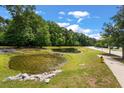 Scenic view of a community pond with lush green surroundings and a walking path; serene neighborhood ambiance at 1610 Fishbone Dr, Johns Island, SC 29455
