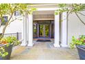 Elegant entrance with white columns, a stone patio, and decorative potted plants at 108 Fairbanks Oak Aly # 401, Charleston, SC 29492