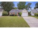 Cozy home with a brick accent, blue shutters, one-car garage and well-kept lawn in a quaint neighborhood at 111 Macfarren Ln, Summerville, SC 29485