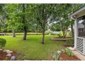 A sprawling backyard with mature trees, lush green lawn, and tranquil pond views at 420 Manorwood Ln, Charleston, SC 29414