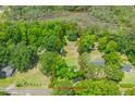 Aerial view showcases the expansive lot outlined in red, surrounded by lush greenery and mature trees at 7239 Commodore Rd, Hollywood, SC 29449