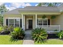Inviting front porch with white railings, potted plants, and a black front door at 465 Blue Dragonfly Dr, Charleston, SC 29414
