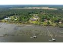 Waterfront property aerial showcasing two long docks and beautiful surrounding nature at 4855 Retriever Rd, Wadmalaw Island, SC 29487