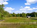 Spacious paddock features mature trees, a three-sided shelter, and a sturdy wood fence at 5348 Mccullough Dam Rd, Wadmalaw Island, SC 29487