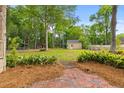 Spacious backyard featuring mature trees, lush greenery, and a brick pathway leading to storage sheds at 411 Berkeley Dr, Moncks Corner, SC 29461