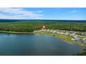 Stunning aerial view of lakeside homes surrounded by lush greenery and clear blue skies at 682 Pontoon Rd, Huger, SC 29450