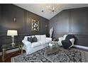 Stylish living room with dark walls, complemented by a white sofa and patterned rug at 2141 Sandy Point Ln, Mount Pleasant, SC 29466