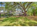 Lush backyard with mature trees, a patio set under a pergola, and a well-maintained lawn at 318 N Magnolia St, Summerville, SC 29483