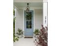 Stylish light blue front door with glass panel, decorative wreath, and potted plants adding charm to the entrance at 2747 Calico Bass Ln, Johns Island, SC 29455