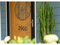 Close-up of the home's front door showcasing its unique design and address number at 2900 Split Hickory Ct, Johns Island, SC 29455
