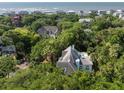 An aerial view of a property reveals a pool, lush surroundings, and a view of the ocean beyond at 24 Beachwood West, Isle of Palms, SC 29451