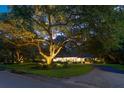Illuminated front yard at dusk with large trees and charming home with inviting curb appeal and circular driveway at 108 E Walker Dr, Summerville, SC 29483