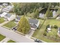 Aerial view of a home with a private backyard, pond, and mature trees in a quiet neighborhood at 4987 Ballantine Dr, Summerville, SC 29485