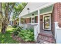 Inviting brick porch with a blue ceiling, white railing, and vibrant green plants for enhanced curb appeal at 31 Lyttleton Ave, Charleston, SC 29407
