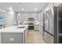Modern kitchen with stainless steel appliances, grey cabinetry, and a center island at 768 Trotters Ln, Moncks Corner, SC 29461