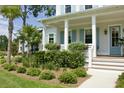 Inviting front porch featuring white columns, blue shutters, a light blue front door, and meticulously maintained landscaping at 1723 Bolden Dr, Mount Pleasant, SC 29466