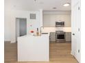 Modern kitchen features stainless steel appliances, a sleek white countertop island, and hardwood floors at 21 George St # 206, Charleston, SC 29401