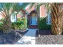 Inviting entrance with a light blue front door framed by palm trees and lush landscaping at 2707 Waterpointe Circle Cir, Mount Pleasant, SC 29466