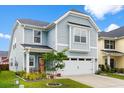 Attractive two-story home featuring blue siding, a well-kept lawn, and an attached garage at 512 Alderly Dr, Moncks Corner, SC 29461