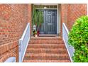 Elegant brick staircase leading to the front door, adorned with potted plants and stylish details at 1868 Palmetto Isle Dr, Mount Pleasant, SC 29466