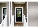 A view of the exterior front door, featuring a glass panel and charming gray siding and white trim at 582 Mclernon Trce, Johns Island, SC 29455