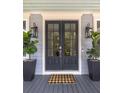Stylish front door with glass panes, complemented by matching sconces and potted plants at 4073 Blackmoor St, Mount Pleasant, SC 29466