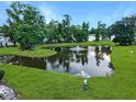 Scenic pond view with a fountain surrounded by lush greenery and trees in a well-maintained community at 108 Spanish Oaks Ln, Ladson, SC 29456