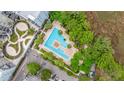 Aerial view of a large community pool surrounded by lush greenery and palm trees at 145 Pier View St # 214, Daniel Island, SC 29492