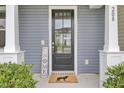 Inviting front door with glass window and welcome mat, framed by elegant columns at 208 Kirkland St, Goose Creek, SC 29445