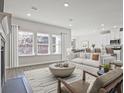 Open-concept living room area with large windows, a fireplace, and modern furnishings at 422 Radiant Blue Way, Summerville, SC 29486