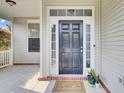 Inviting front porch featuring a welcome mat, plants, and a black paneled front door at 469 Hainsworth Dr, Charleston, SC 29414