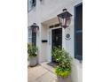 Charming front door is adorned with potted plants and vintage lanterns for a welcoming entrance at 8 & 8 1/2 Elliott St # 8 & 8 1/2, Charleston, SC 29401
