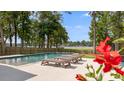 Backyard with pool and waterfront view surrounded by lush landscaping and lounge chairs at 1607 Waterside Blvd, Moncks Corner, SC 29461