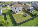 A captivating aerial view of a fenced backyard, complete with lush green grass and a trampoline for outdoor fun at 596 Wayton Cir, Moncks Corner, SC 29461