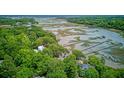 Expansive aerial view of the community waterfront, featuring winding boardwalks through the marshlands at 392 Tombee Ct, Mount Pleasant, SC 29464