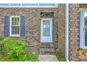 Inviting brick townhome entrance with a white door, complemented by blue shutters and lush greenery at 2927 Cathedral Ln, Charleston, SC 29414