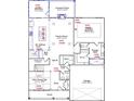 Detailed first floor plan featuring an open living space, kitchen with island, and primary bedroom with bathroom at 3033 Seaton Street, Summerville, SC 29486