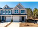 This charming townhome boasts blue and grey siding, available-now signage and an attached garage at 424 Duskywing Dr, Goose Creek, SC 29445