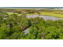 Aerial view showing the home surrounded by lush greenery, a body of water and a bridge in the distance at 2217 Ramsay St, Charleston, SC 29412