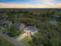 Aerial view of a beautiful house in a waterfront community with lush trees and distant water views at 261 Palm St, Mount Pleasant, SC 29464