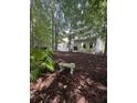 Serene backyard featuring a stone bench amidst lush greenery, providing a peaceful retreat at 1721 Wellstead St, Mount Pleasant, SC 29466