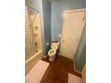 Functional bathroom with blue walls, a standard toilet and shower/tub combination at 160 Lancashire Rd, Summerville, SC 29486