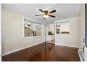 Living room featuring a ceiling fan and gleaming hardwood floors at 3284 Sassy Dr, Johns Island, SC 29455