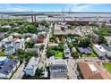 Aerial view of a neighborhood with colorful houses, lush trees, and the city's harbor in the background at 4 Line St, Charleston, SC 29403