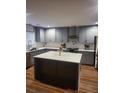 Modern kitchen with gray cabinets, a spacious island, stainless steel appliances and wooden floors at 7164 Sweetgrass Blvd, Hanahan, SC 29410
