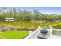 Scenic backyard view showcasing a grill, lush greenery, and a tranquil pond at 391 Evian Way, Mount Pleasant, SC 29464