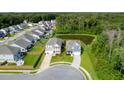 Aerial view of a residential neighborhood with houses that have manicured lawns and a serene pond surrounded by lush trees at 105 Plowden Mill Ct, Summerville, SC 29485