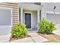 Inviting entryway with a covered porch, manicured bushes, and classic front door at 113 Cozy Nest Way, Summerville, SC 29483