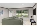 Cozy living room featuring a comfortable gray sofa, large windows, and modern decor at 313 Marion Rd, Dorchester, SC 29437