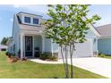 Charming light blue house with a two car garage, black door and well manicured yard at 754 Blue Iris Way, Summerville, SC 29486